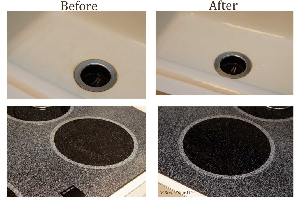 Before and after sink cleaning. Used bar keepers friend and lots